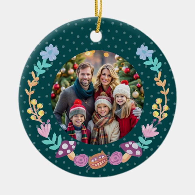 Ornamento De Cerâmica Feshire Cat Floral Wreath Green Christmas (Frente)