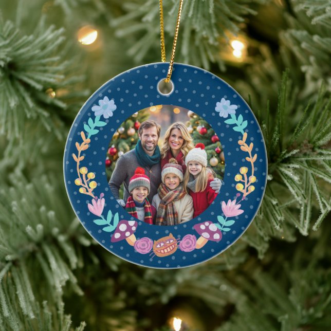 Ornamento De Cerâmica Feshire Cat Floral Wreath Marinho Natal (Árvore)