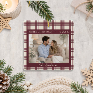 Ornamento De Cerâmica Festa de Natal com Foto em Xadrez Tartan Creme Bor