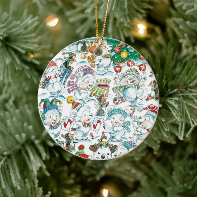 Ornamento De Cerâmica Festa de Natal de Urso Polar e Pinguim de Desenho  (Árvore)