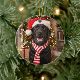 Ornamento De Cerâmica Festa Labrador Preto Feliz Natal