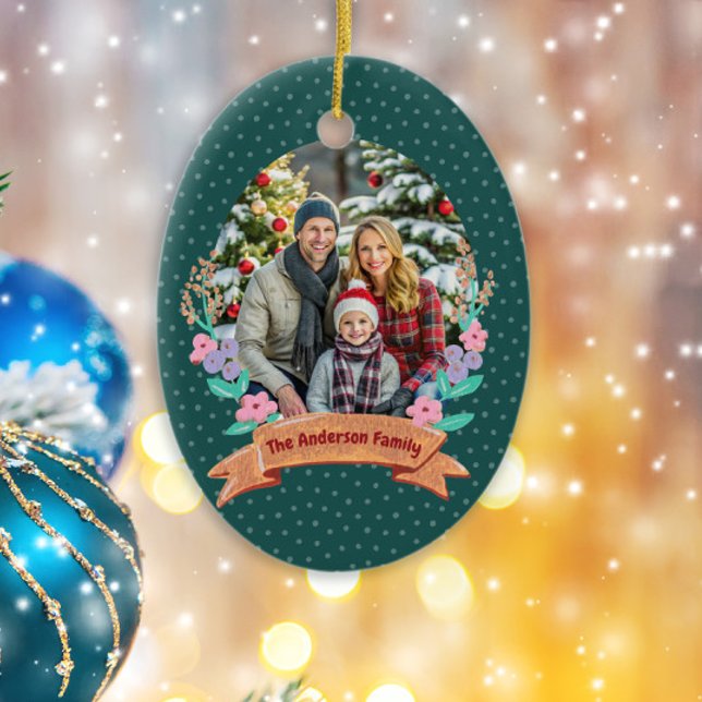 Ornamento De Cerâmica Festiva Floral Wreath Christmas Green Photo (Criador carregado)