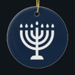 Ornamento De Cerâmica Festival Chanucá menorah das luzes azul moderno<br><div class="desc">"Feliz Hanukkah",  ornamento cerâmico com Menorah.</div>