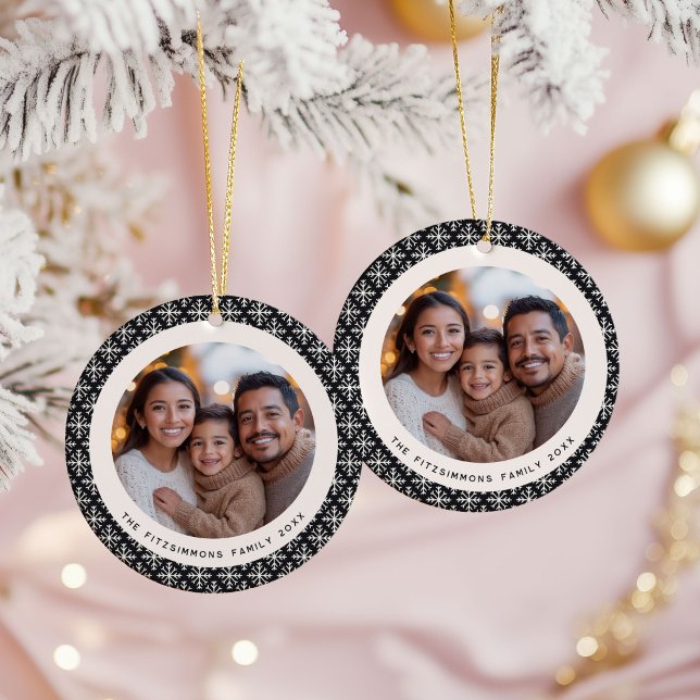 Ornamento De Cerâmica Festive Black and White Scandinavian 2 Sided Photo (Neutral Snowflake Modern Double sided Christmas Ornament black)