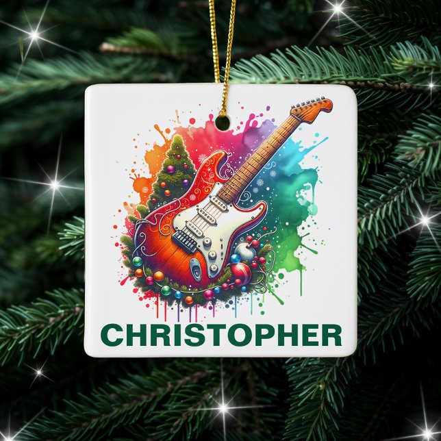 Ornamento De Cerâmica Festive Christmas Electric Guitar Custom Name (Criador carregado)