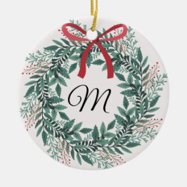 Ornamento De Cerâmica Festive Christmas Wreath Custom Initial and Photo