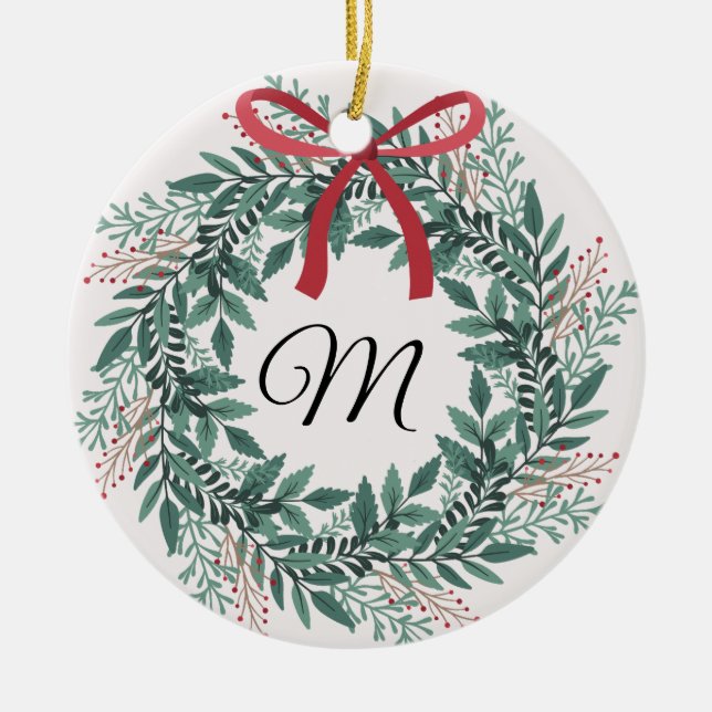 Ornamento De Cerâmica Festive Christmas Wreath Custom Initial and Photo (Frente)