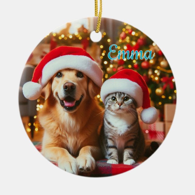 Ornamento De Cerâmica Festive Dog and Cat Christmas (Frente)