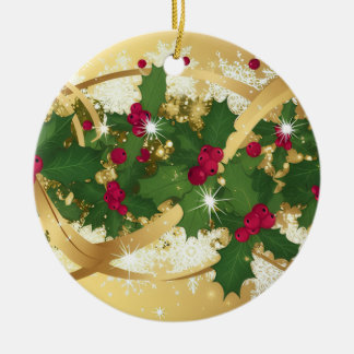 Ornamento De Cerâmica Festive Holly Ribbon — Elegant Christmas Design