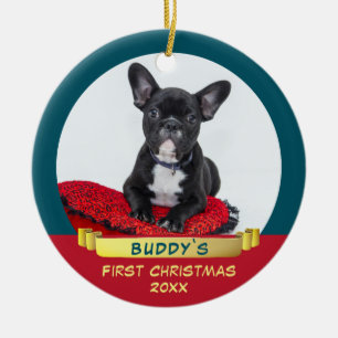 Ornamento De Cerâmica Festive Puppy 1st Christmas Ribbon Pet Photo