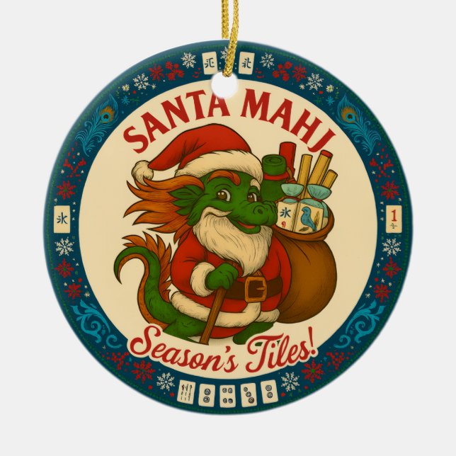 Ornamento De Cerâmica Festive Santa Mahj Ornament  (Frente)