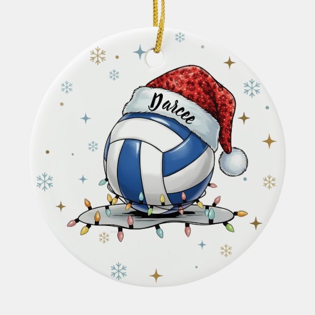 Ornamento De Cerâmica Festive Volleyball Holiday Design with Snowflakes  (Frente)