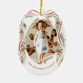 Ornamento De Cerâmica Festivo Fita Vermelha com Poinsettias e Greeneresc