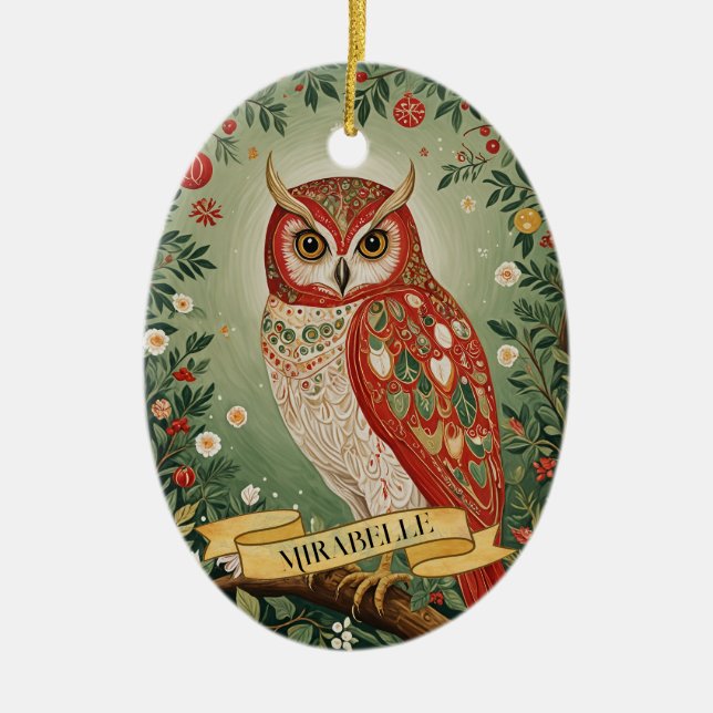 Ornamento De Cerâmica Festivo Foliage Owl Personalizado (Frente)