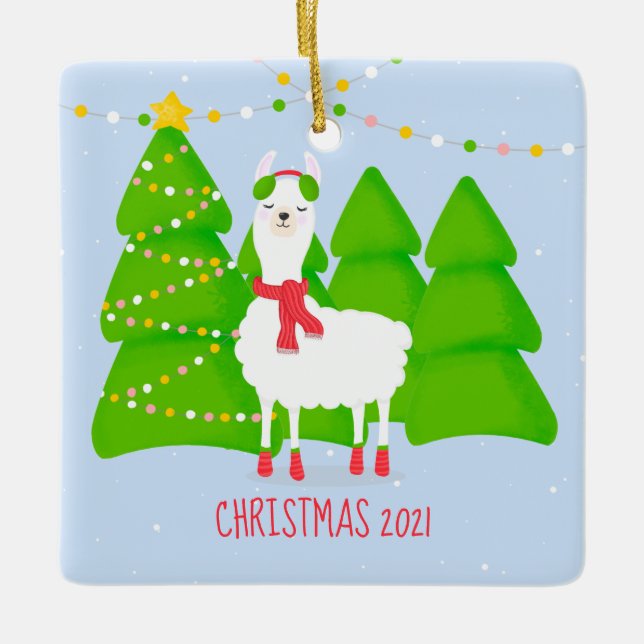 Ornamento De Cerâmica Festivo Llama Christmas (Frente)