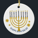 Ornamento De Cerâmica Festivo Menorah Candles Happy Hanukkah<br><div class="desc">Velas de folha de ouro falsa para a comemoração de Chanucá. A ilustração menorah Whimsical com estrelas brancas cobria velas celestiais em um falso suporte de velas menorah dourada. Menorah starry Hanukkah ilustrou presentes de design e produtos de papel.</div>