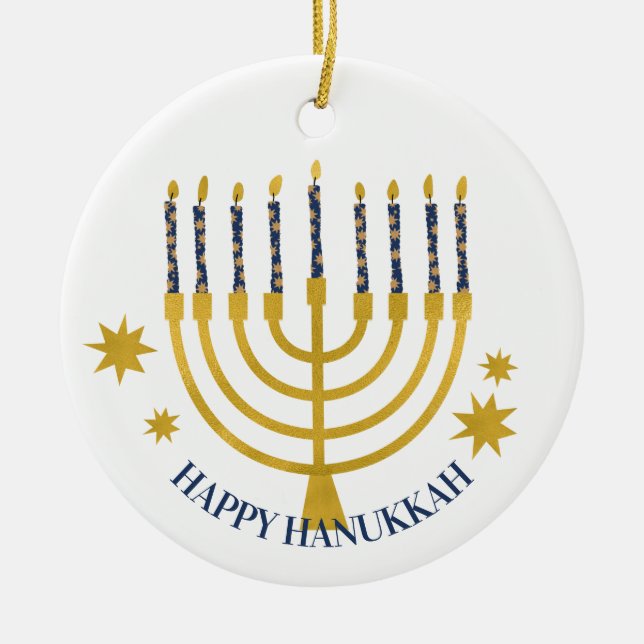 Ornamento De Cerâmica Festivo Menorah Candles Happy Hanukkah (Frente)