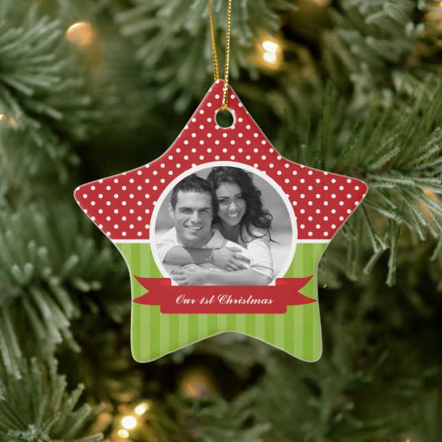 Ornamento De Cerâmica Festivo Red e Green Photo Christmas (Árvore)