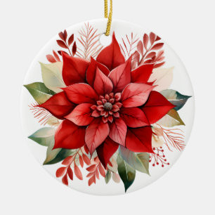 Ornamento De Cerâmica Festivo Red Watercolor Natal Poinsettia