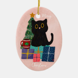 Ornamento De Cerâmica Festivo Rosa Feliz Natal Gato Preto, Café