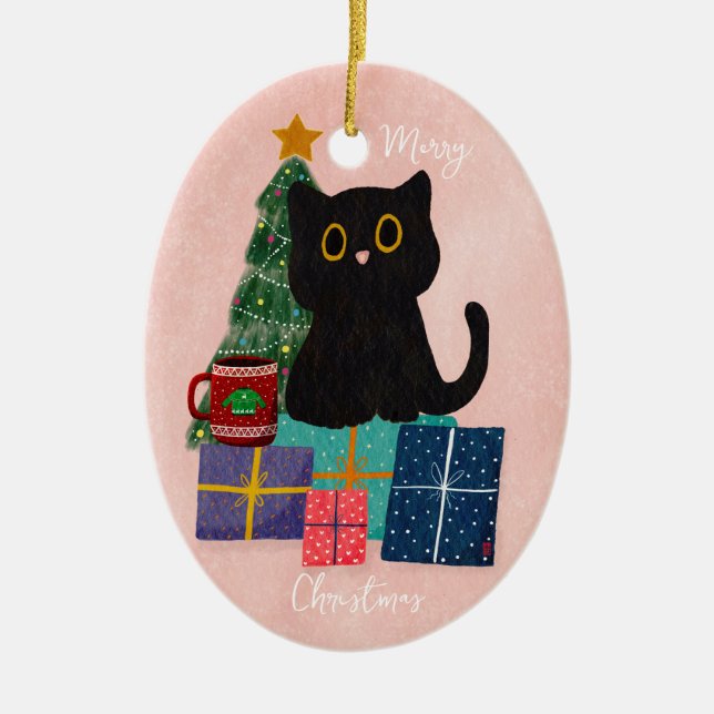 Ornamento De Cerâmica Festivo Rosa Feliz Natal Gato Preto, Café (Frente)