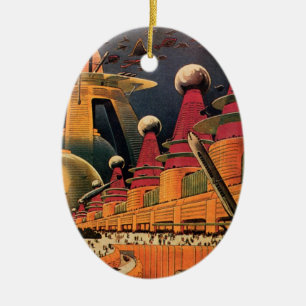 Ornamento De Cerâmica Ficção Científica Vintage Carro Voador Cidade Futu