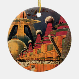 Ornamento De Cerâmica Ficção Científica Vintage Carro Voador Cidade Futu