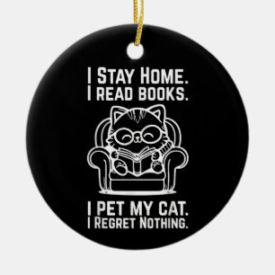 Ornamento De Cerâmica Fico em Casa Leio Livros Faço Carinho no Meu Gato 