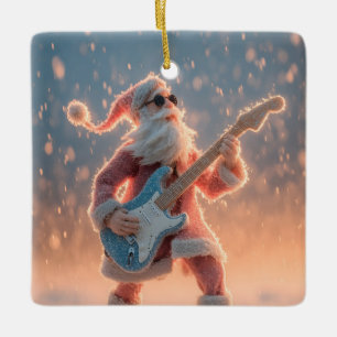 Ornamento De Cerâmica Figura do Papai Noel Tocando uma Guitarra Elétrica