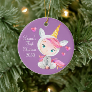 Ornamento De Cerâmica Filha de Bebê Unicórnio Primeiro Natal