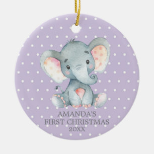 Ornamento De Cerâmica Filha de Elefante Bonita No Primeiro Natal Roxo