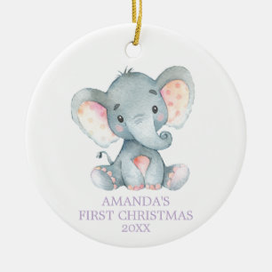 Ornamento De Cerâmica Filha de Elefante Bonita No Primeiro Natal Roxo