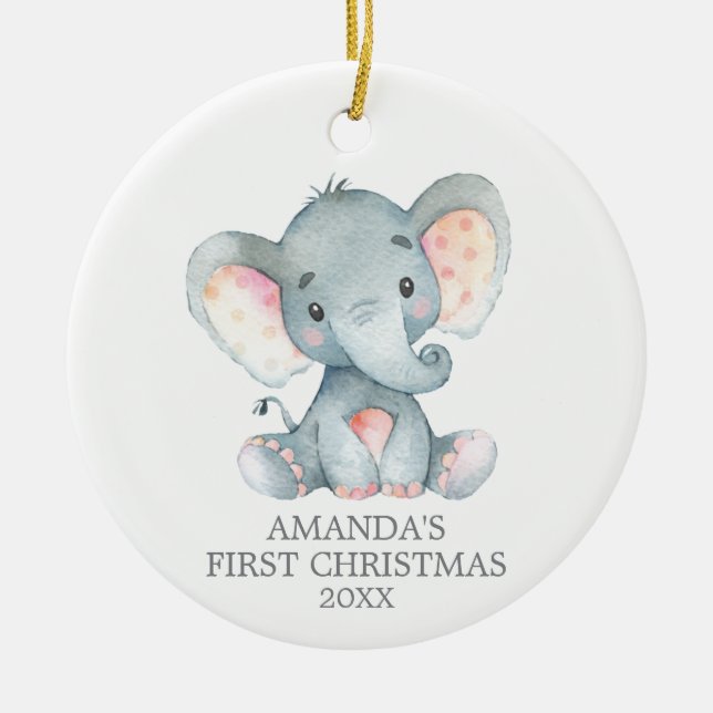 Ornamento De Cerâmica Filha de Elefante Bonito Primeira Cinza de Natal (Frente)