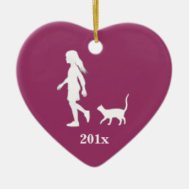 Ornamento De Cerâmica Filha e Gato: Menina e seu Gatinho