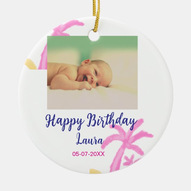 Ornamento De Cerâmica Filhos bebês primeiro aniversario adicionar nome d (Frente)