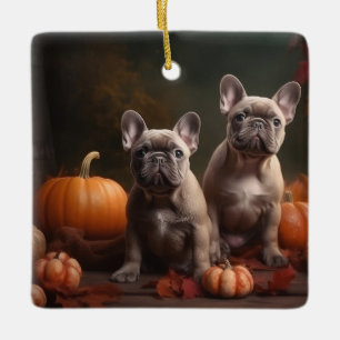Ornamento De Cerâmica Filhote de Bulldog Francês Delícia de Outono Abóbo