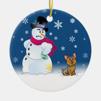 Ornamento De Cerâmica Filhote de cachorro e boneco de neve de Yorkie