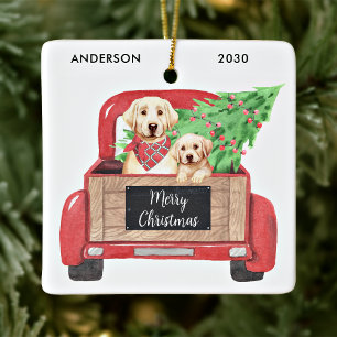 Ornamento De Cerâmica Filhote de Labrador Amarelo Caminhão Vermelho Vint