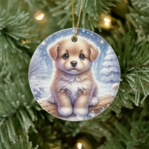 Ornamento De Cerâmica Filhote de Olhos Azuis em um Sonho de Inverno