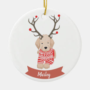 Ornamento De Cerâmica Filhote de Retriever Dourado Chifre de Veado Perso