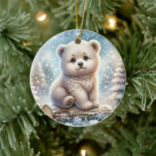 Ornamento De Cerâmica Filhote de Urso nos Bosques de Inverno