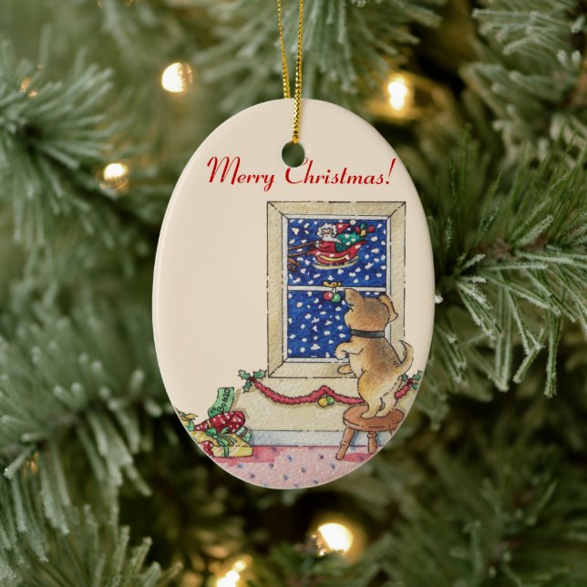 Ornamento De Cerâmica filhote fofo acenando para papais noeis na neve (Árvore)