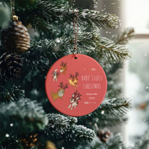 Ornamento De Cerâmica Filhote Fofo Rena Bebê Seu Primeiro Natal