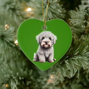 Ornamento De Cerâmica Filhote Personalizado de Komondor no Natal Verde