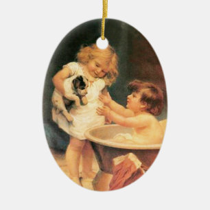 Ornamento De Cerâmica Filhote Tomando Banho Antigo Vintage