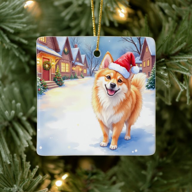 Ornamento De Cerâmica Finnish Lapphund Snowy Village Santa Hat Christmas (Árvore)