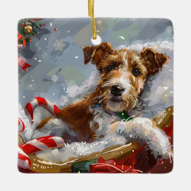 Ornamento De Cerâmica Fio Fox Terrier Cão Festivo (Frente)