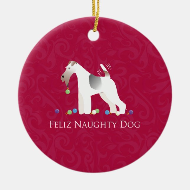 Ornamento De Cerâmica Fio Fox Terrier Feliz Naughn Dog Natal (Frente)
