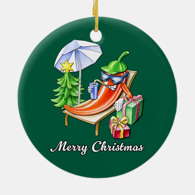 Ornamento De Cerâmica Fir Green Round Feliz Natal Chili (Traseira)