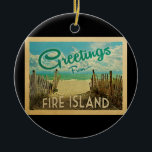 Ornamento De Cerâmica Fire Island Viagens vintage<br><div class="desc">Esta design da "Greeting From Fire Island",  uma vintage ilha de bombeiros,  apresenta uma praia arenosa com uma bela água turquesa oceânica e acima do mar,  um céu azul com nuvens brancas onduladas. No estilo viagens vintage.</div>